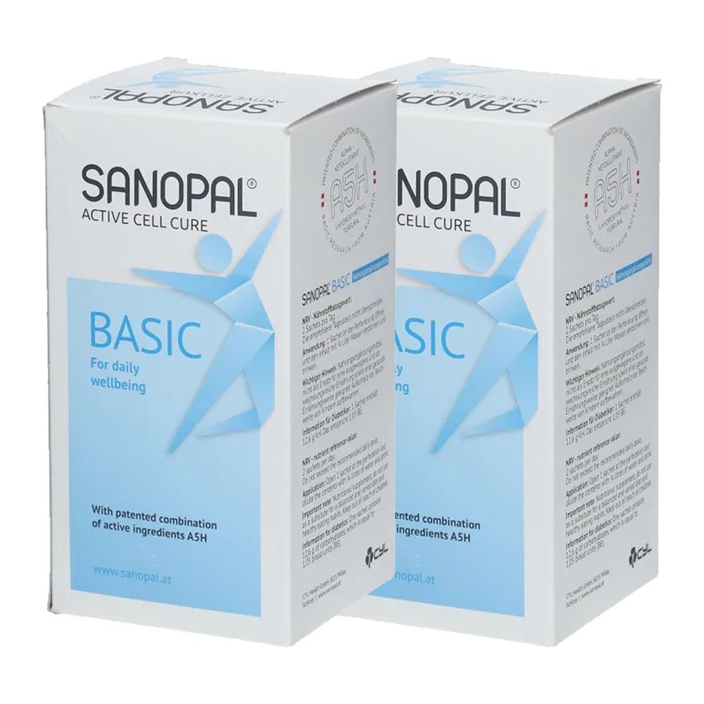 Zwei weiße Kartons mit der Aufschrift SANOPAL BASIC. Aufdrucke: ACTIVE CELL CURE, BASIC, For daily wellbeing. Mit Logo und Text in hellblau.