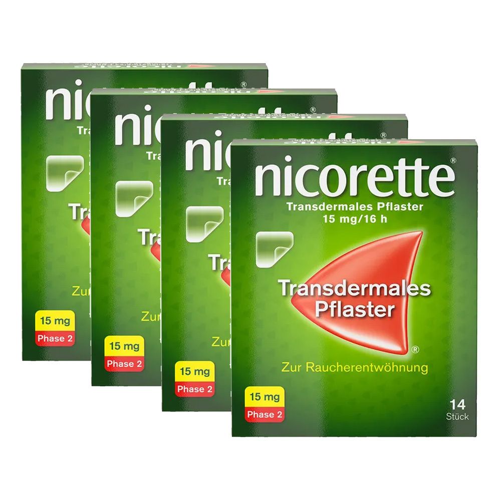 Vier Schachteln Nicorette transdermales Pflaster. Auf jeder Schachtel steht "Transdermales Pflaster 15 mg/16 h" und "Zur Raucherentwöhnung".