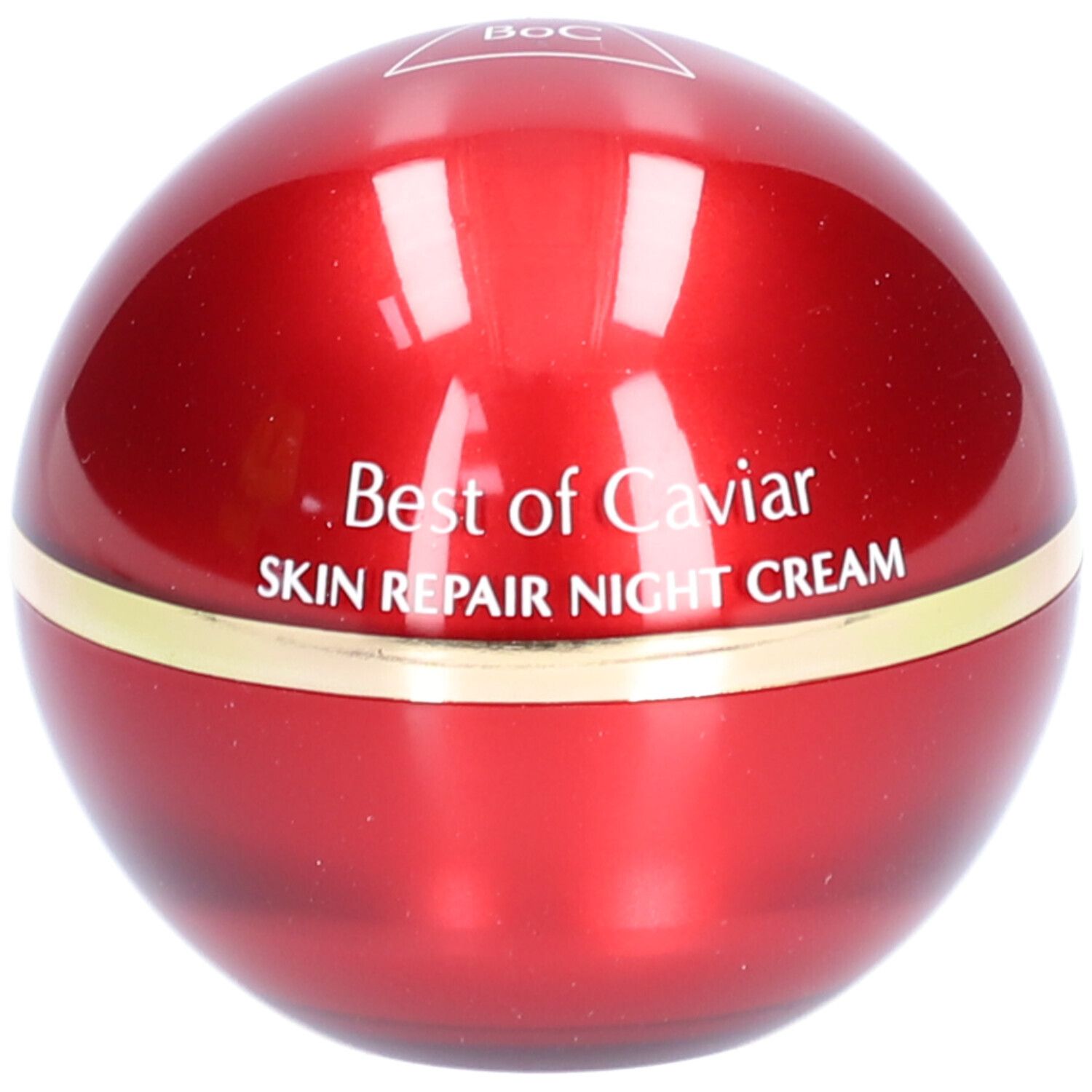Runde, rote Creme-Dose mit goldenem Rand. Aufschrift: Best of Caviar, Skin Repair Night Cream.