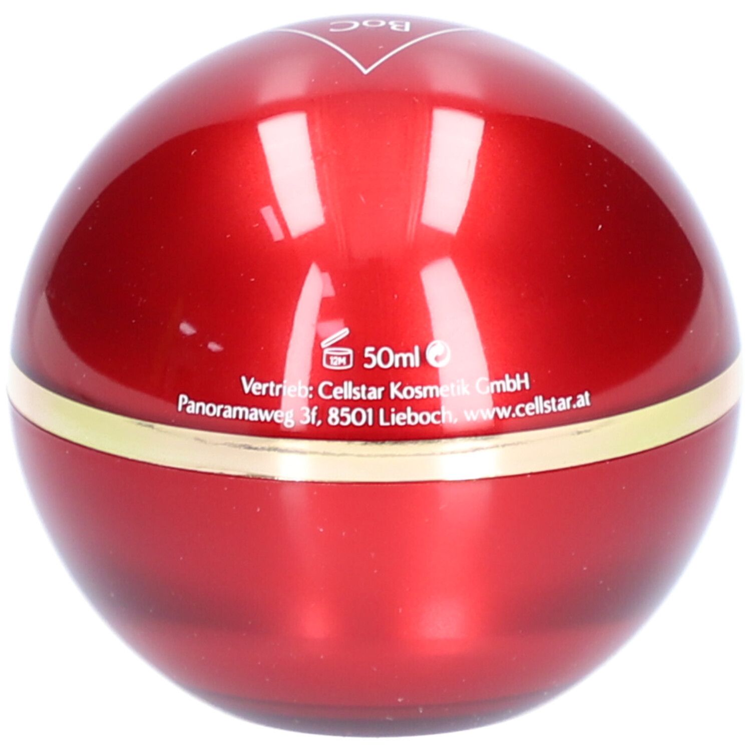 Runde, rote Creme-Dose mit goldenem Rand. Aufschrift: 50ml, Vertrieb Cellstar Kosmetik GmbH.