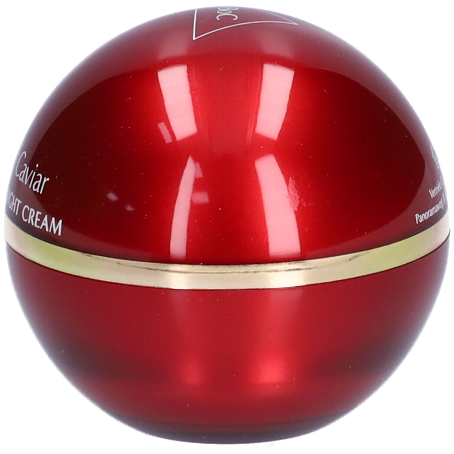 Runde, rote Creme-Dose mit goldenem Rand. Aufschrift: Best of Caviar, Skin Repair Night Cream.