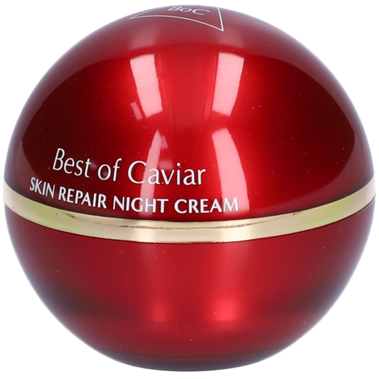 Runde, rote Creme-Dose mit goldenem Rand. Aufschrift: Best of Caviar, Skin Repair Night Cream.