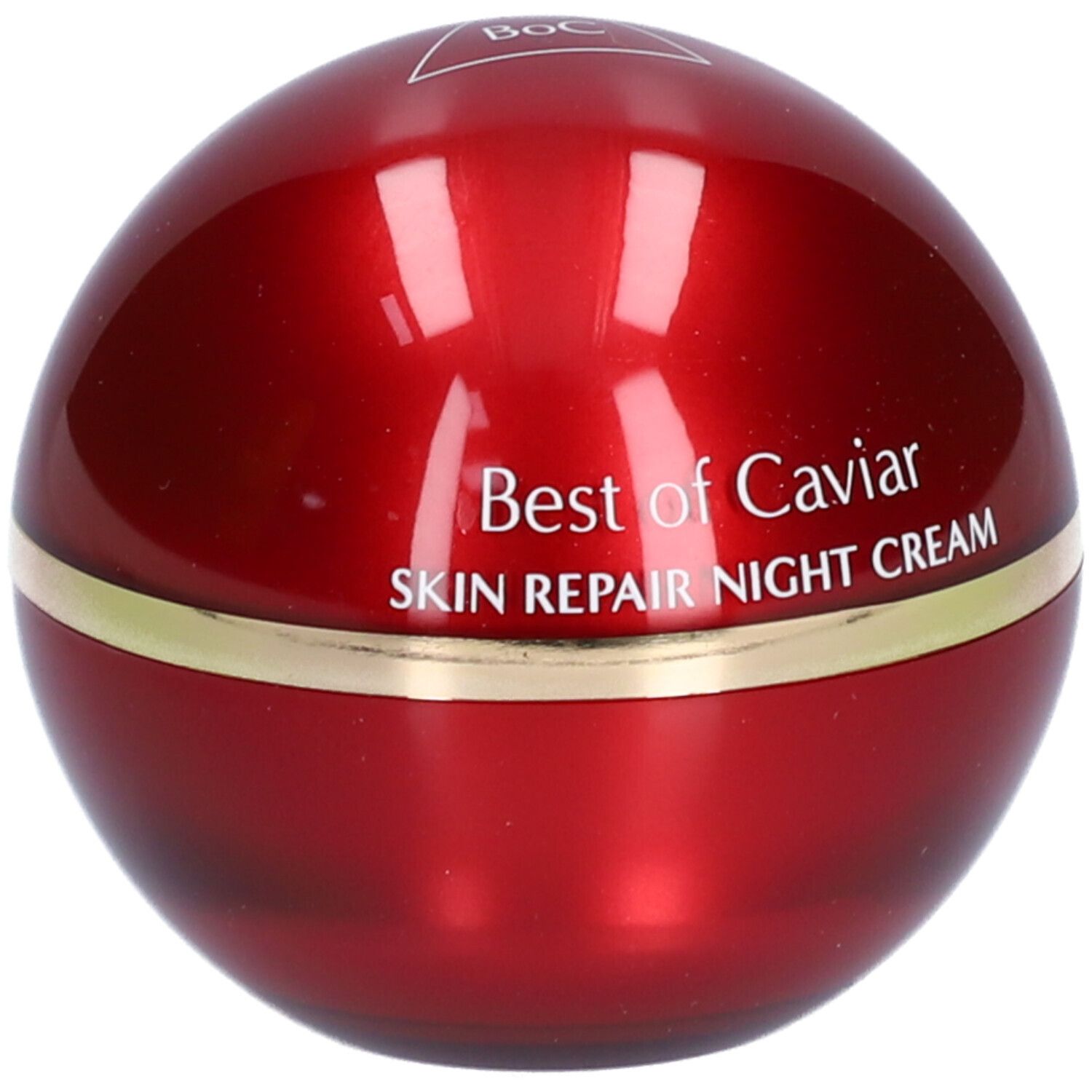 Runde, rote Creme-Dose mit goldenem Rand. Aufschrift: Best of Caviar, Skin Repair Night Cream.