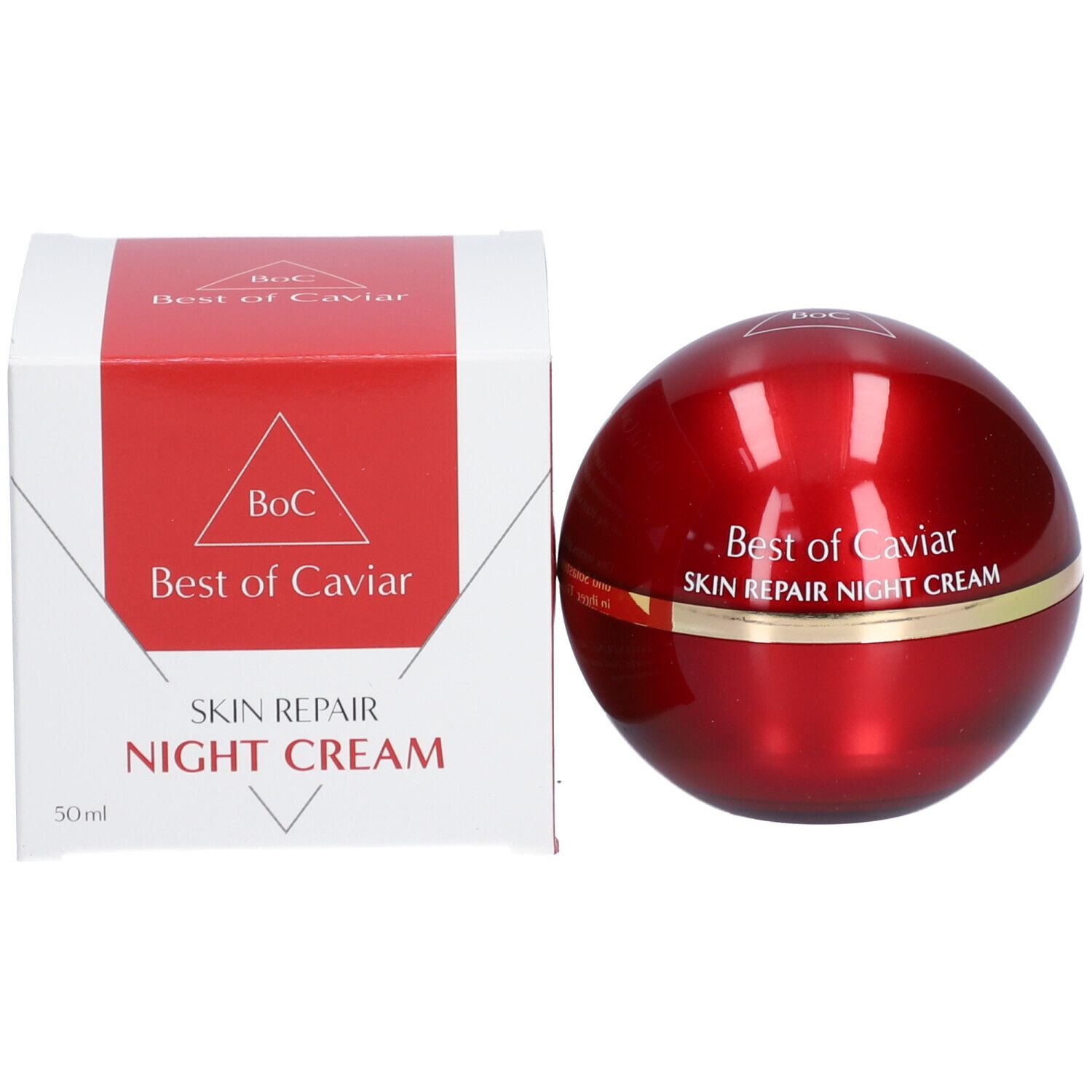 Rote Creme-Dose und weiße Schachtel. Aufschrift: Best of Caviar, Skin Repair Night Cream, 50ml.