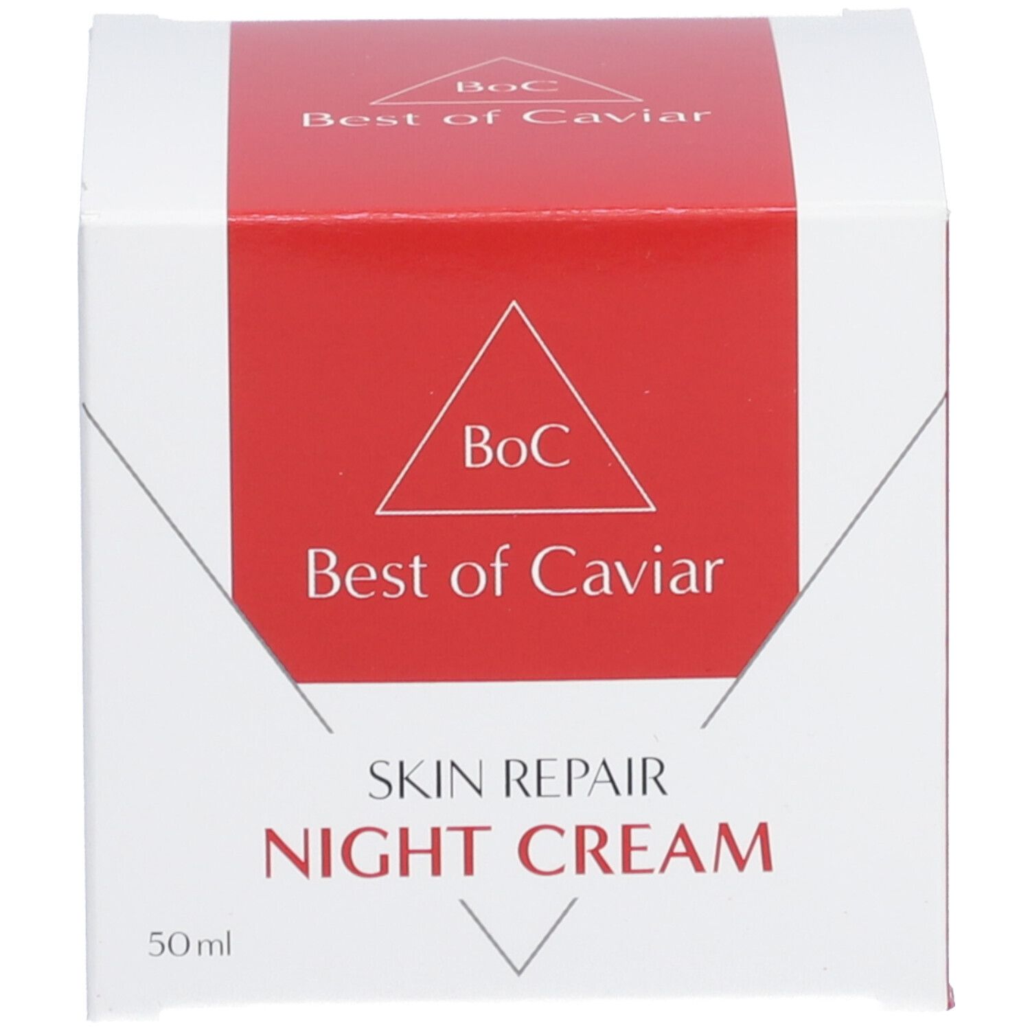 Weiße Schachtel mit rotem Dreieck. Aufschrift: Best of Caviar, Skin Repair Night Cream, 50ml.