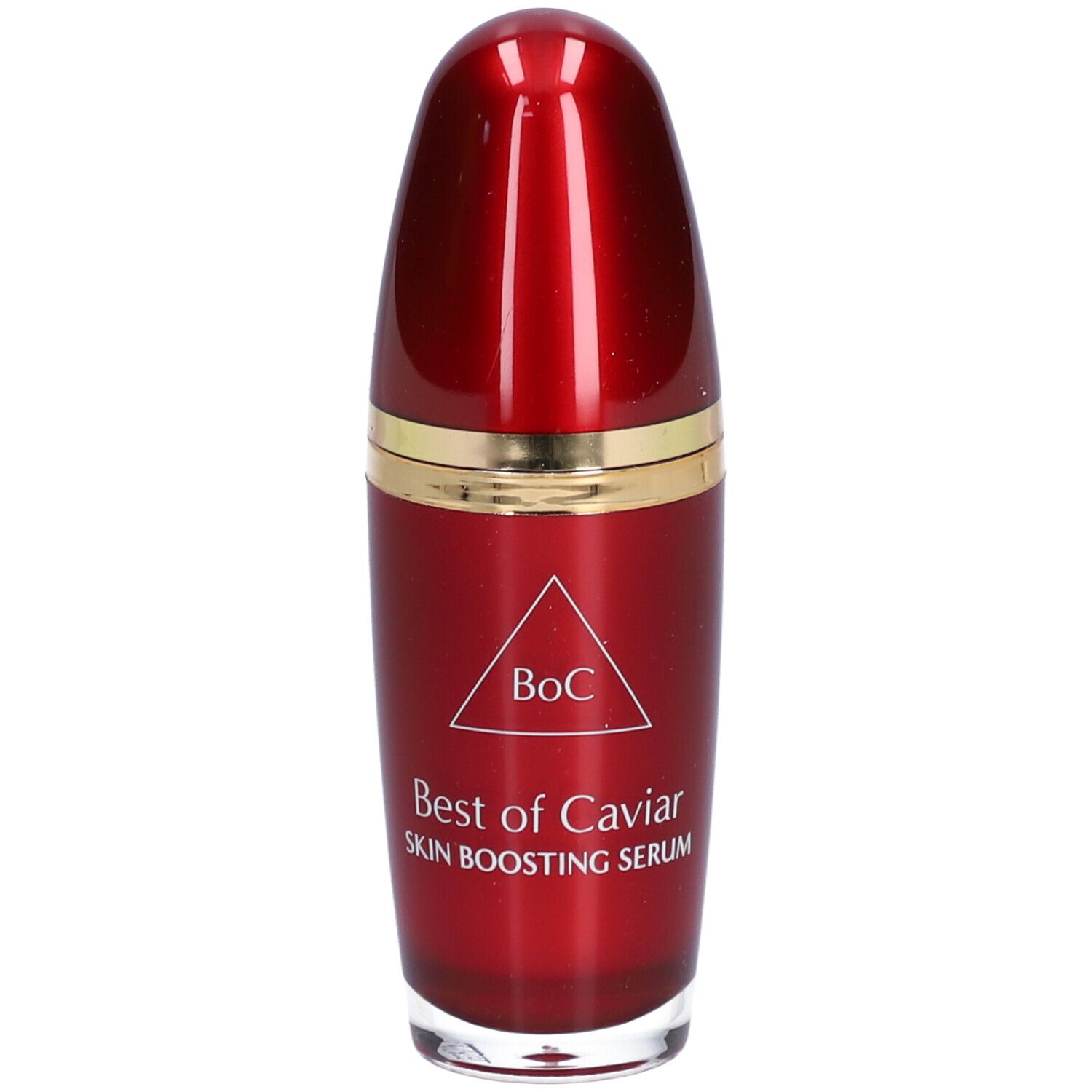 Rote Flasche mit goldfarbenem Ring. Aufschrift: Best of Caviar SKIN BOOSTING SERUM. Logo: Dreieck mit BoC.