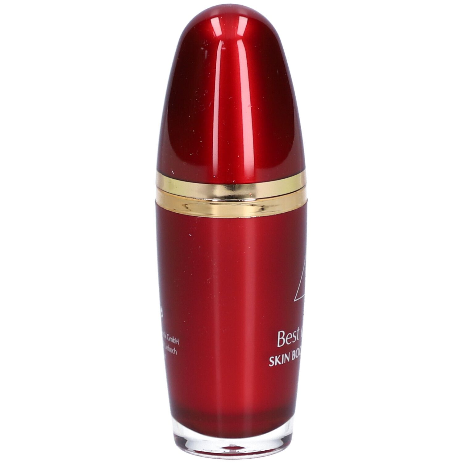 Rote Flasche mit goldfarbenem Ring. Aufschrift: Best of Caviar SKIN BOOSTING SERUM. Logo: Dreieck mit BoC.
