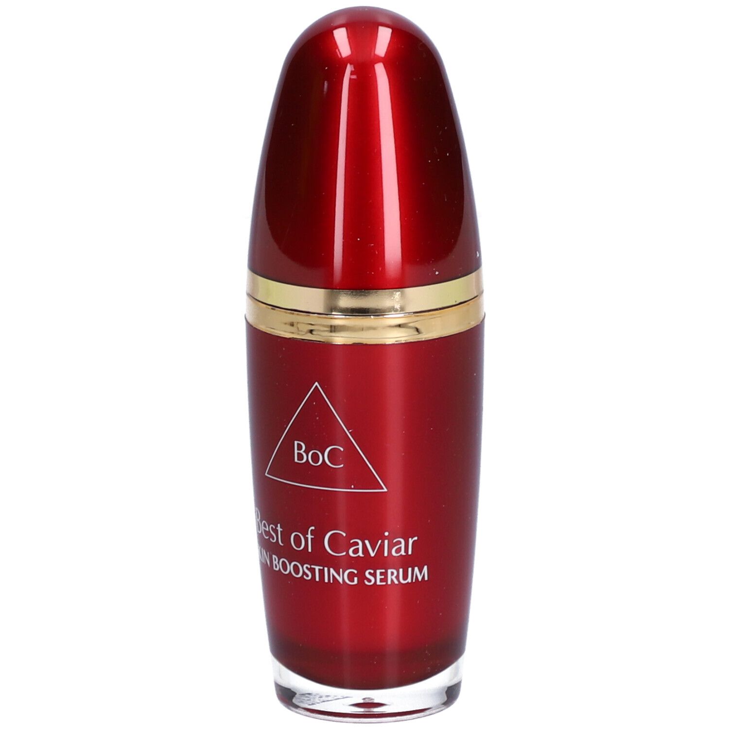 Rote Flasche mit goldfarbenem Ring. Aufschrift: Best of Caviar SKIN BOOSTING SERUM. Logo: Dreieck mit BoC.
