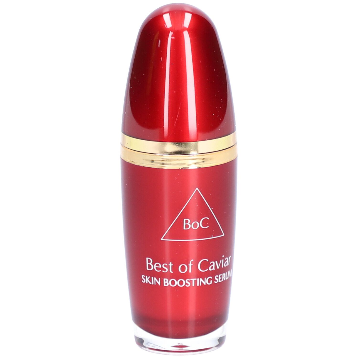 Rote Flasche mit goldfarbenem Ring. Aufschrift: Best of Caviar SKIN BOOSTING SERUM. Logo: Dreieck mit BoC.