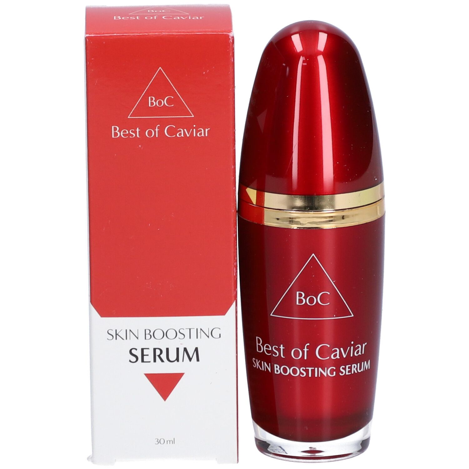 Produktflasche und Verpackung. Rote Flasche mit goldfarbenem Ring. Aufschrift: Best of Caviar SKIN BOOSTING SERUM.