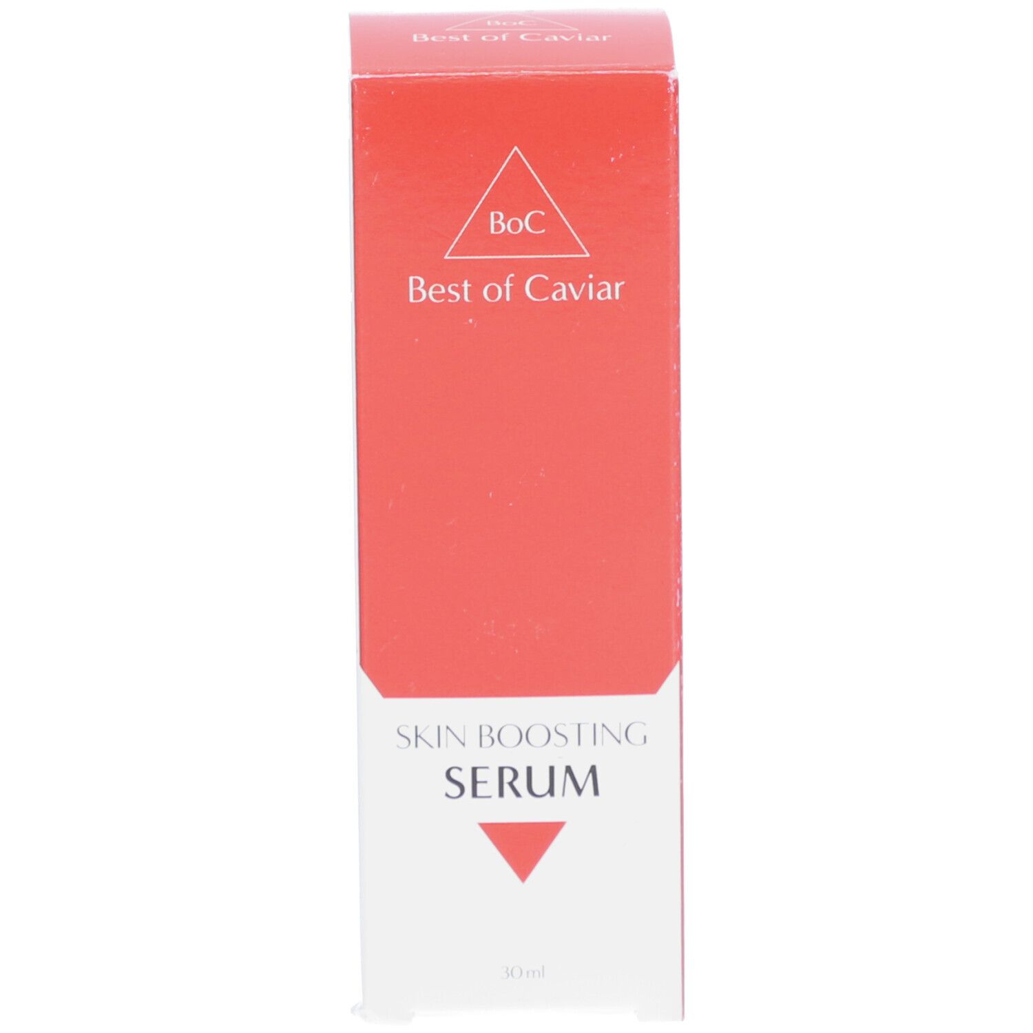 Verpackung. Aufschrift: Best of Caviar SKIN BOOSTING SERUM. Logo: Dreieck mit BoC. Rote und weiße Farben.