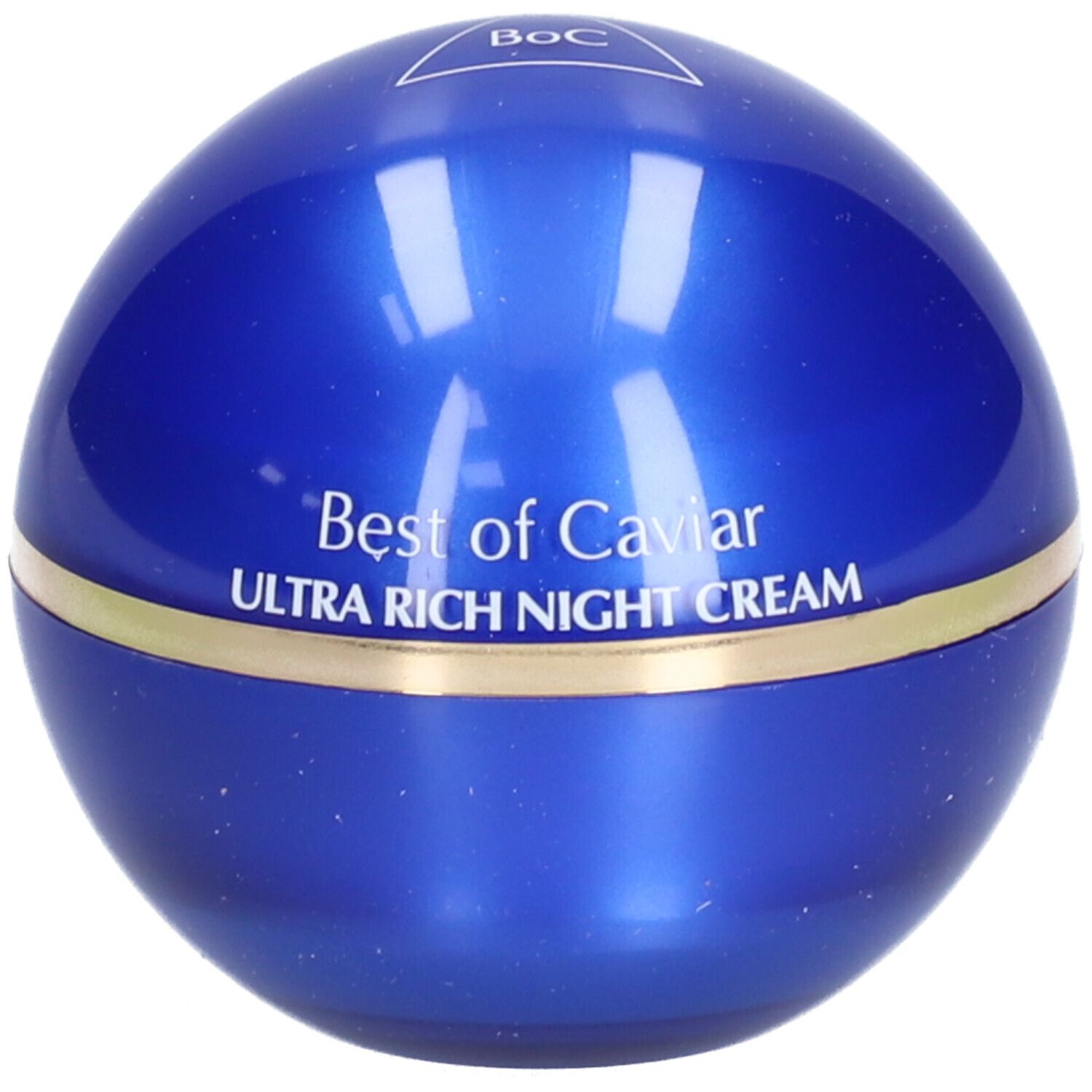 Blaue, runde Creme-Dose mit goldfarbenem Band. Aufschrift: Best of Caviar ULTRA RICH NIGHT CREAM.