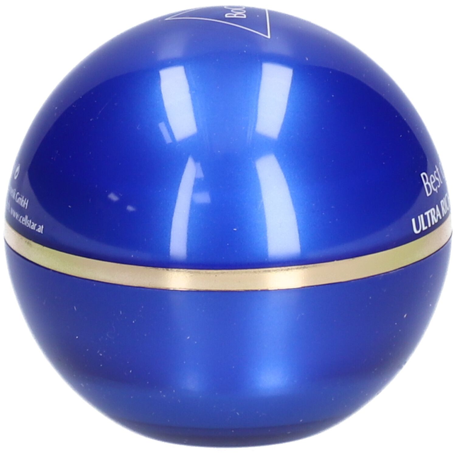 Blaue, runde Creme-Dose mit goldfarbenem Band. Reflektierende Oberfläche.