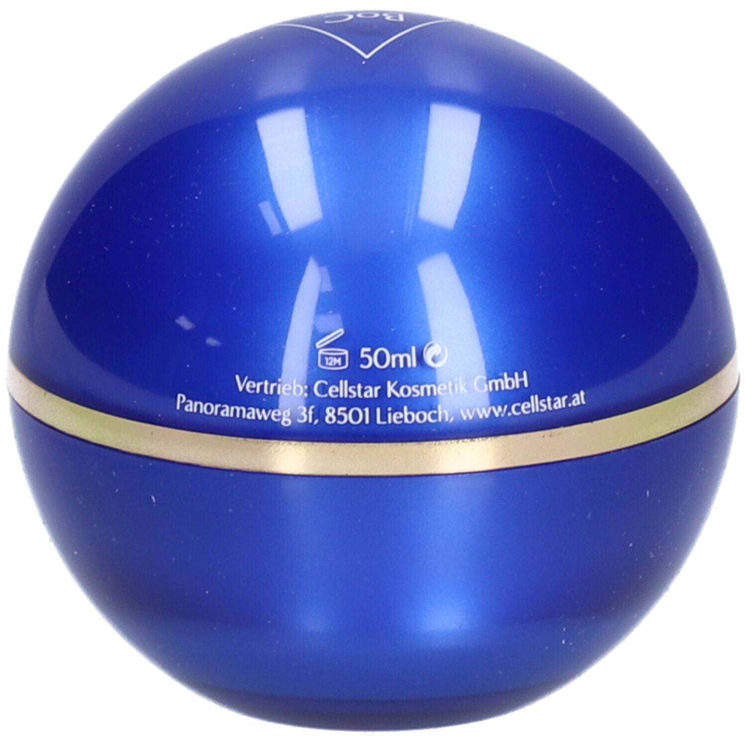 Blaue, runde Creme-Dose mit goldfarbenem Band. Aufschrift: 50ml. Vertrieb: Cellstar Kosmetik GmbH.