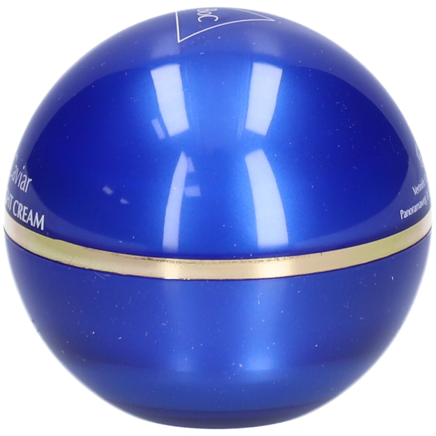 Blaue, runde Creme-Dose mit goldfarbenem Band. Aufschrift: Best of Caviar ULTRA RICH NIGHT CREAM.