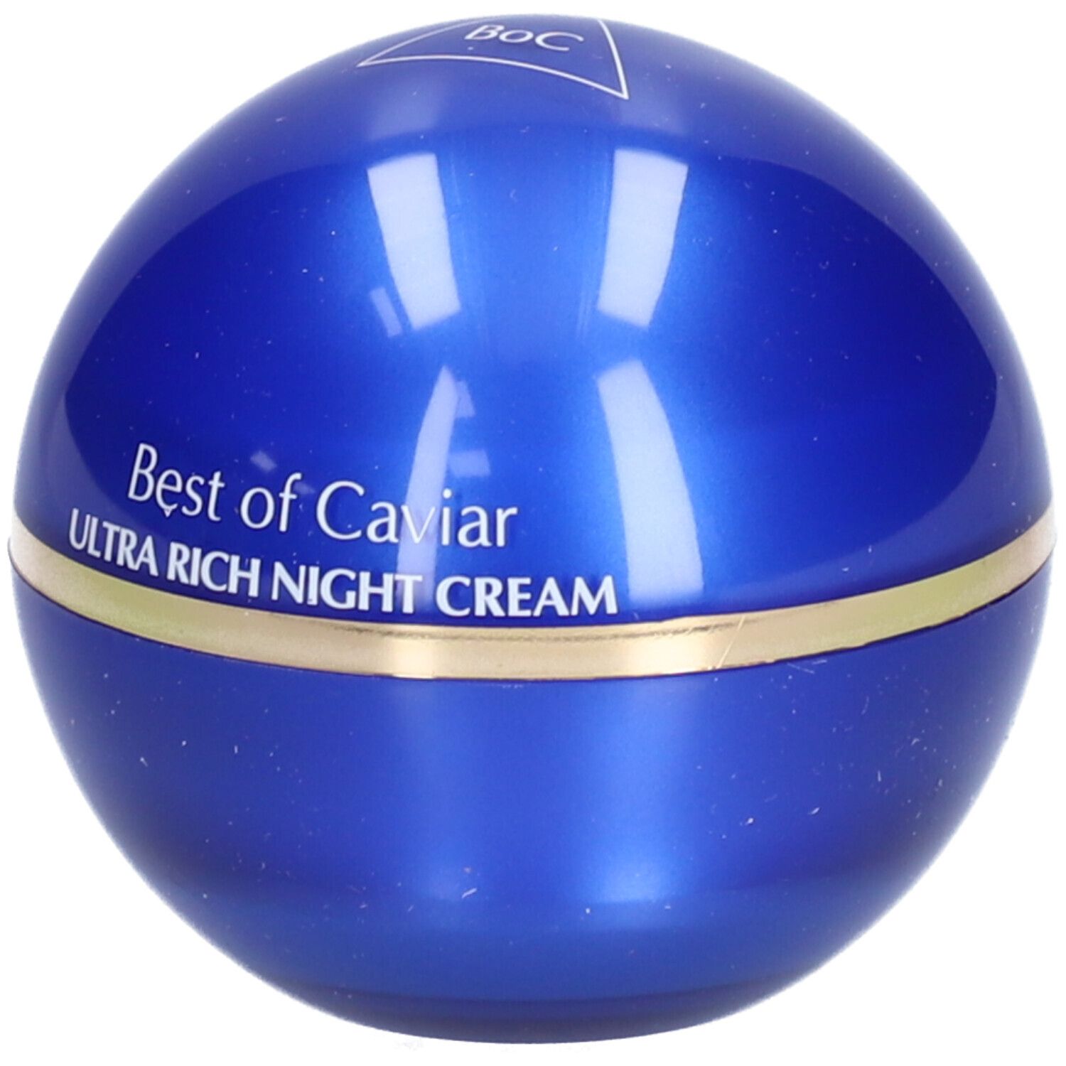 Blaue, runde Creme-Dose mit goldfarbenem Band. Aufschrift: Best of Caviar ULTRA RICH NIGHT CREAM.