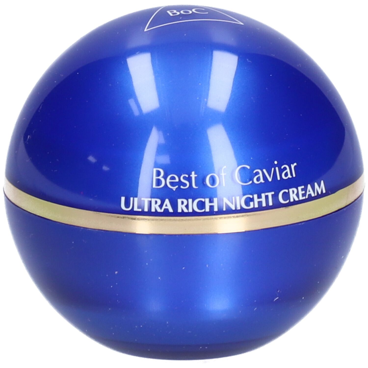 Blaue, runde Creme-Dose mit goldfarbenem Band. Aufschrift: Best of Caviar ULTRA RICH NIGHT CREAM.