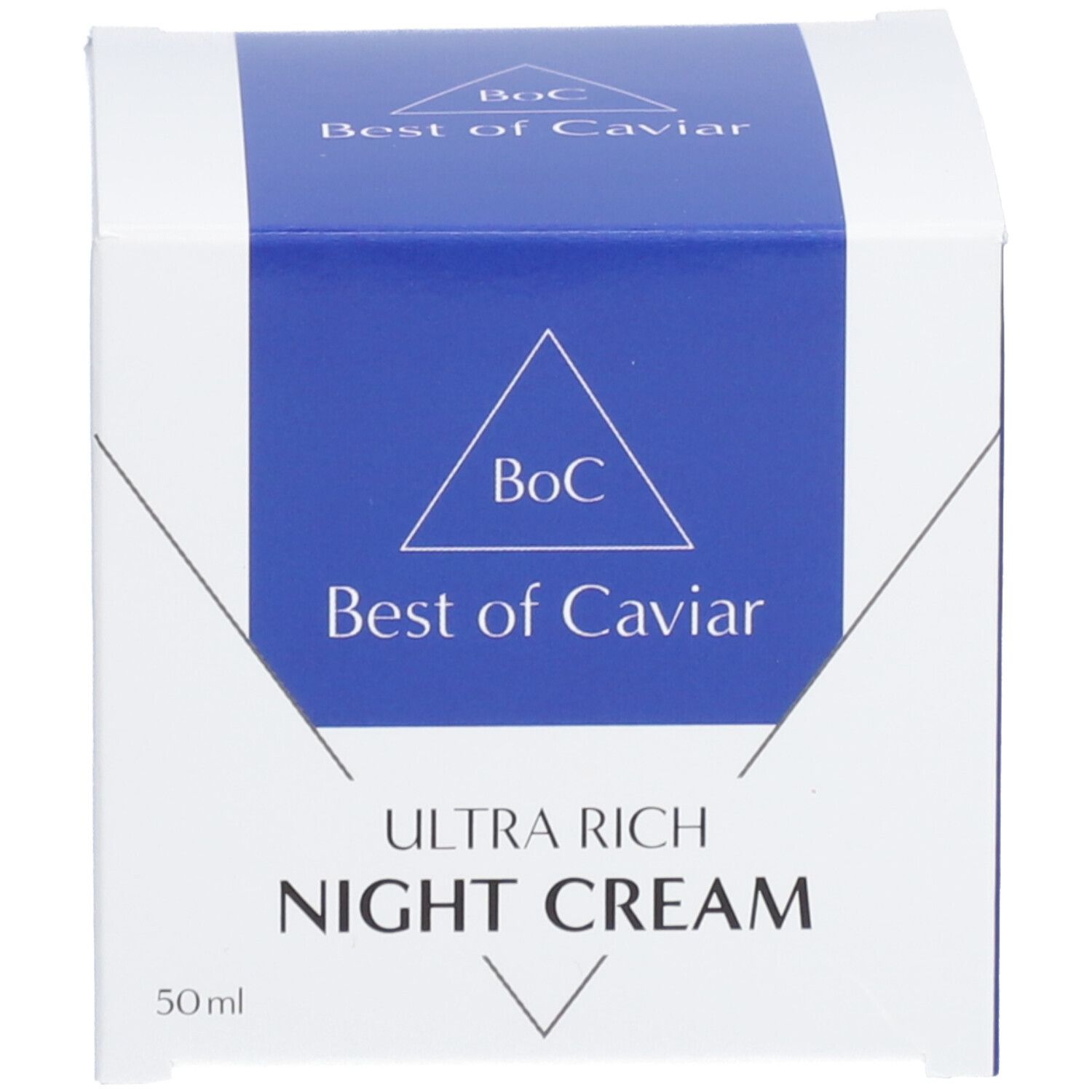 Weiße Schachtel mit blauem Dreieck. Aufschrift: Best of Caviar ULTRA RICH NIGHT CREAM. 50ml.