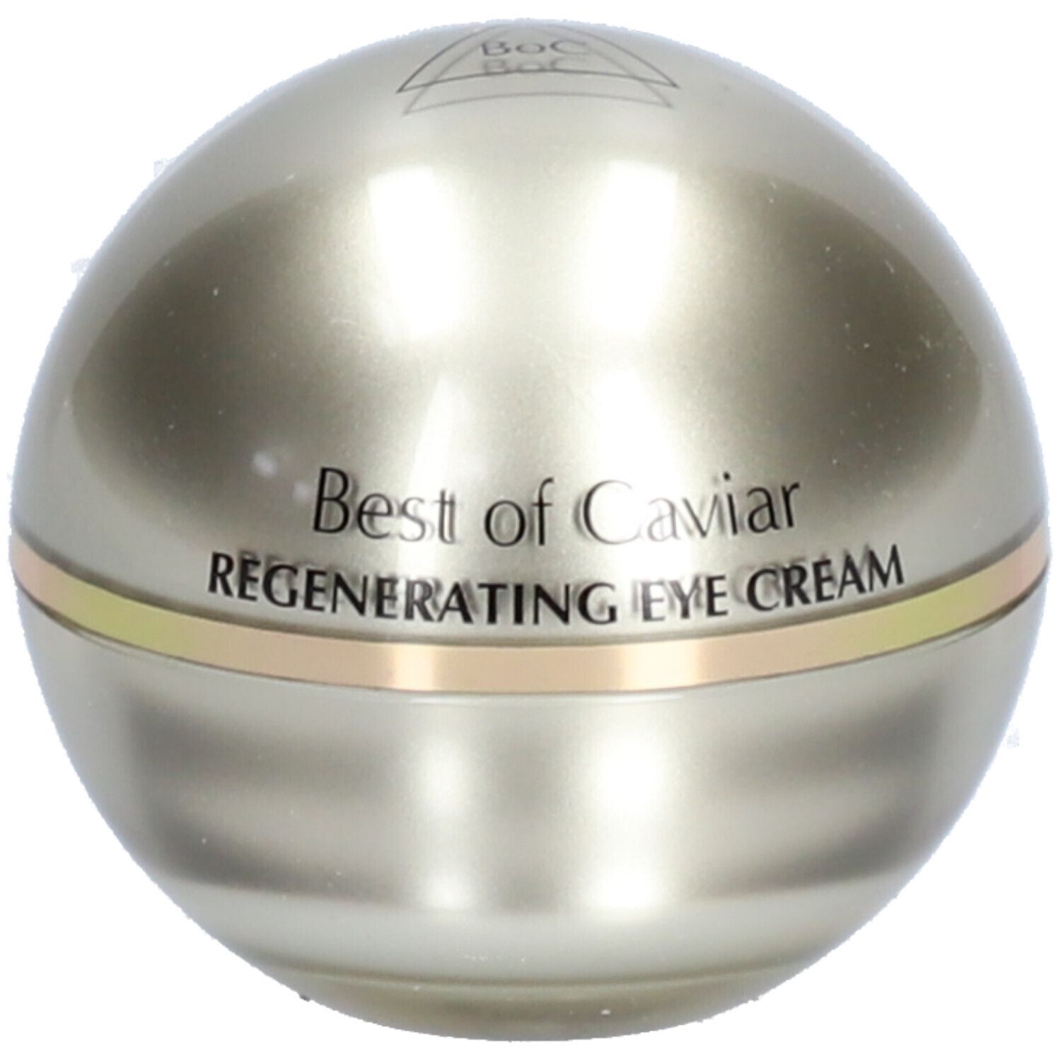 Kugelförmiger Behälter. Aufschrift: Best of Caviar Regenerating Eye Cream. Silberfarben mit goldfarbenem Band.
