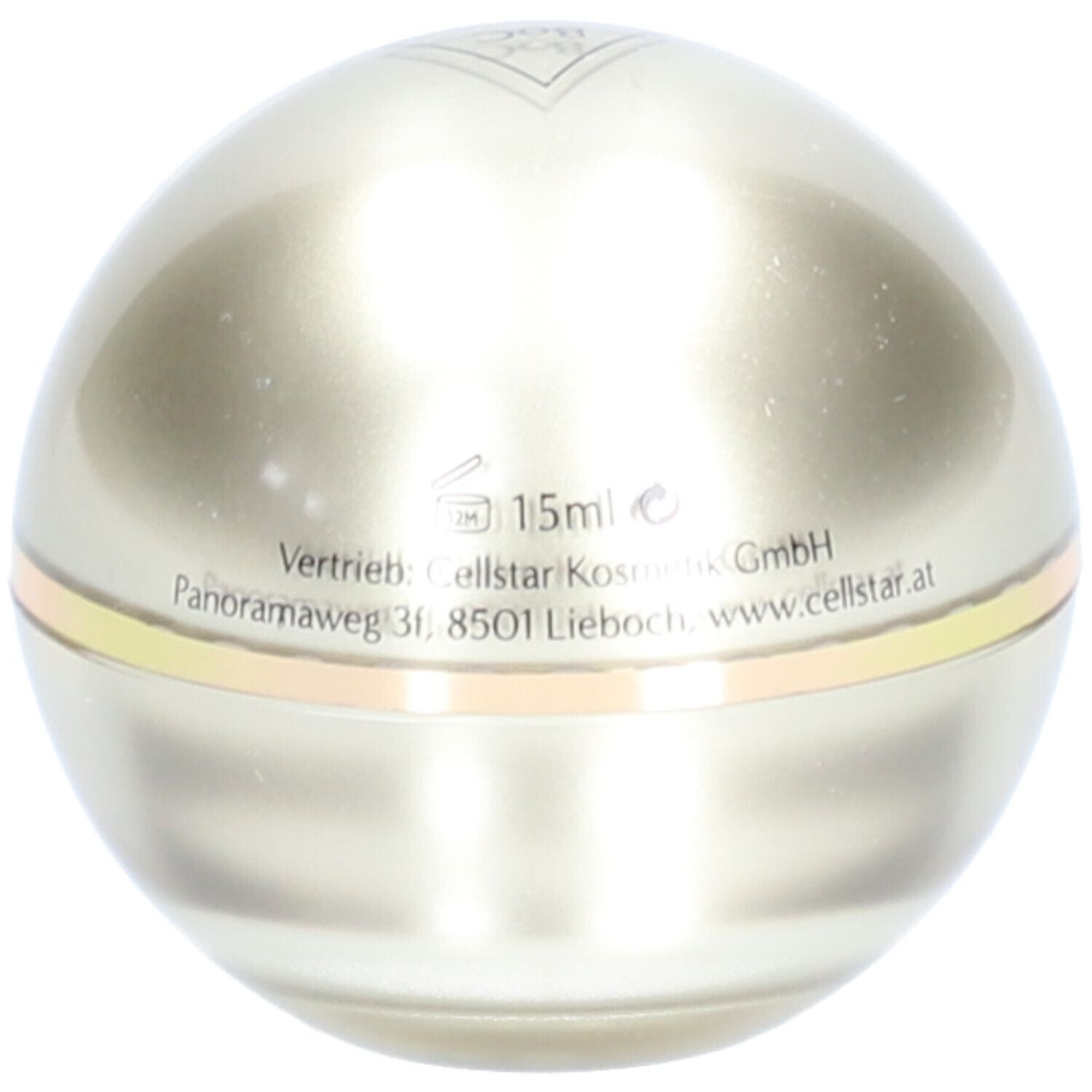 Kugelförmiger Behälter. Silberfarben mit goldfarbenem Band. Text: 15ml, Cellstar Kosmetik GmbH, www.cellstar.at.