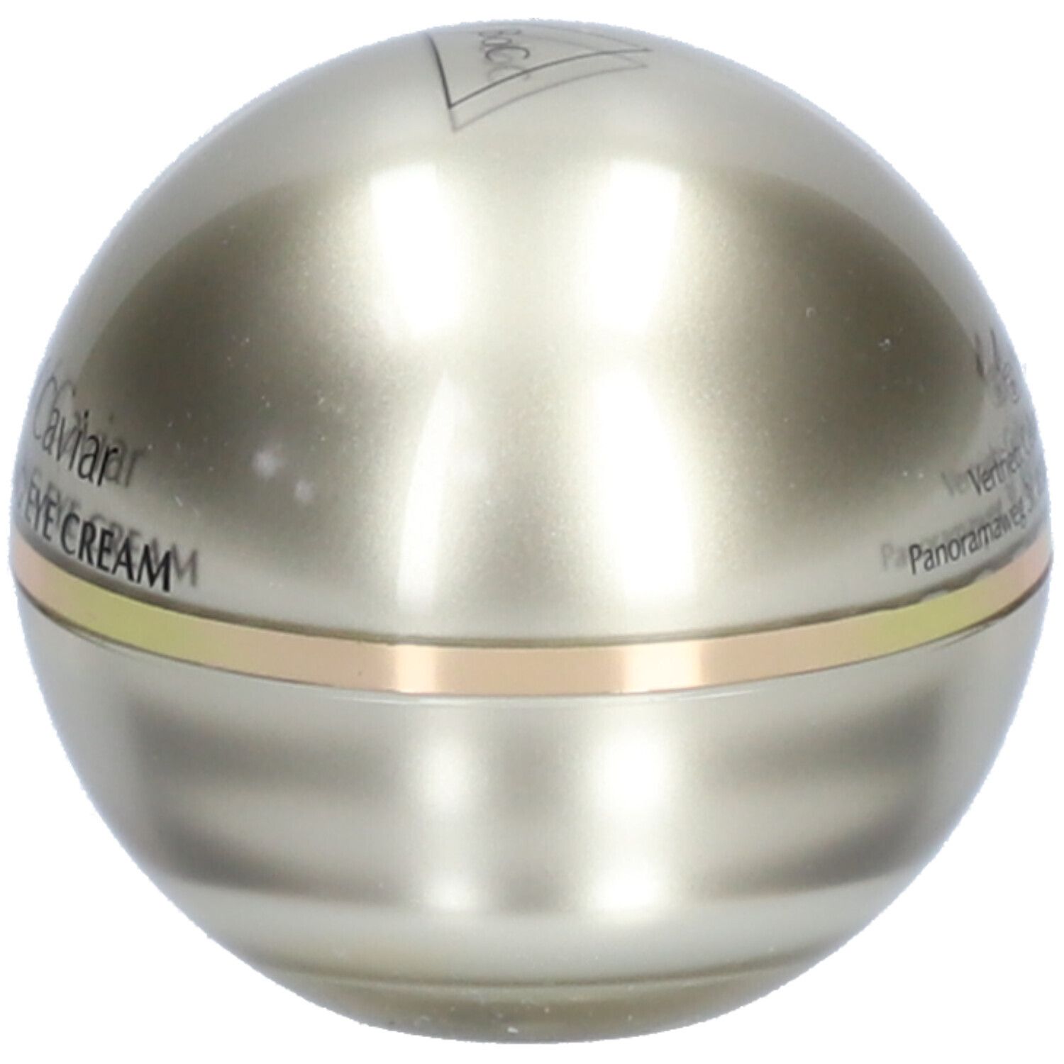 Kugelförmiger Behälter. Silberfarben mit goldfarbenem Band. Text: Best of Caviar EYE CREAM.