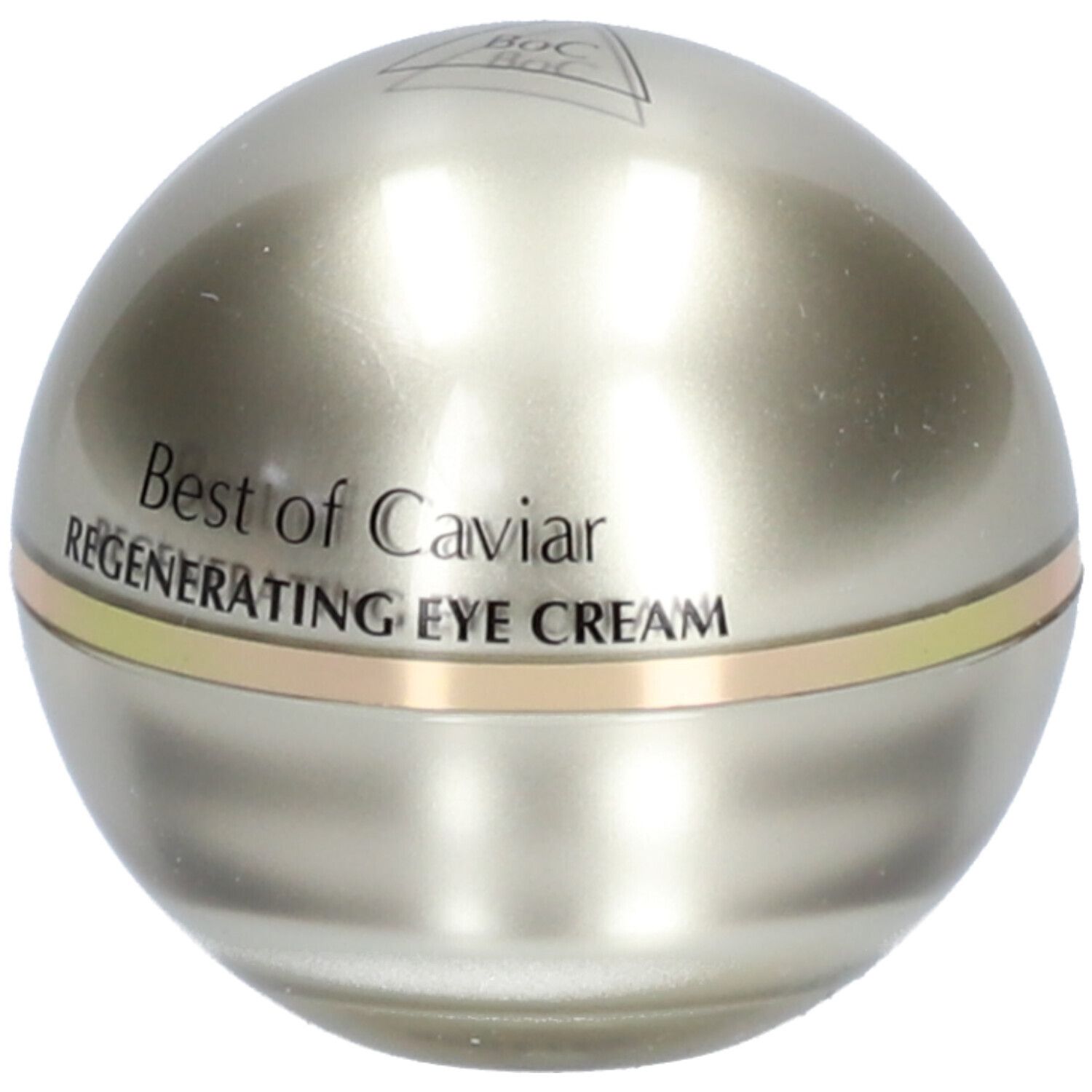 Kugelförmiger Behälter. Silberfarben mit goldfarbenem Band. Aufschrift: Best of Caviar Regenerating Eye Cream.