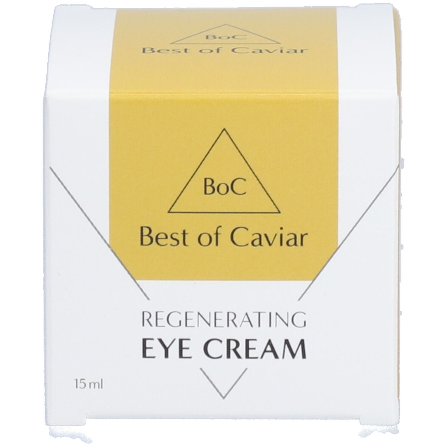 Produktverpackung. Weißer Karton mit gelbem Akzent. Text: Regenerating Eye Cream, 15ml.