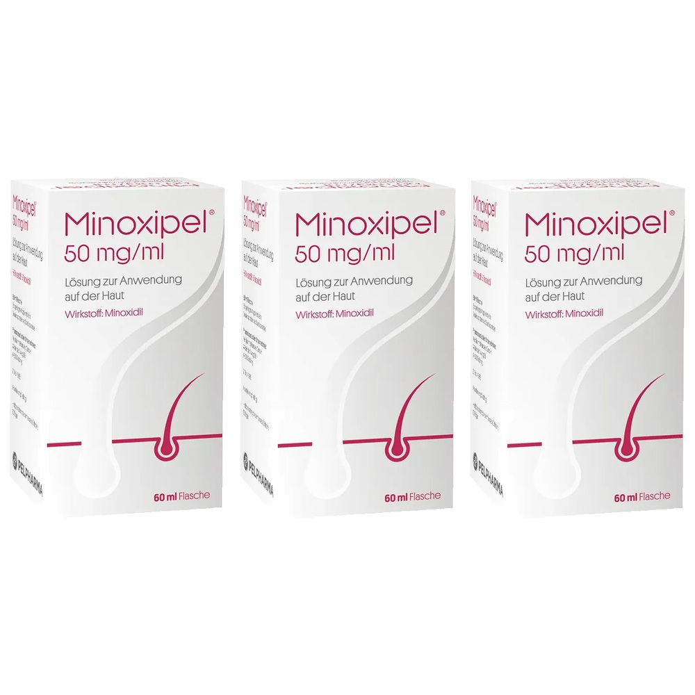 Drei weiße Faltschachteln mit der Aufschrift "Minoxipel 50 mg/ml". Auf jeder Schachtel ist ein Haarsymbol abgebildet.