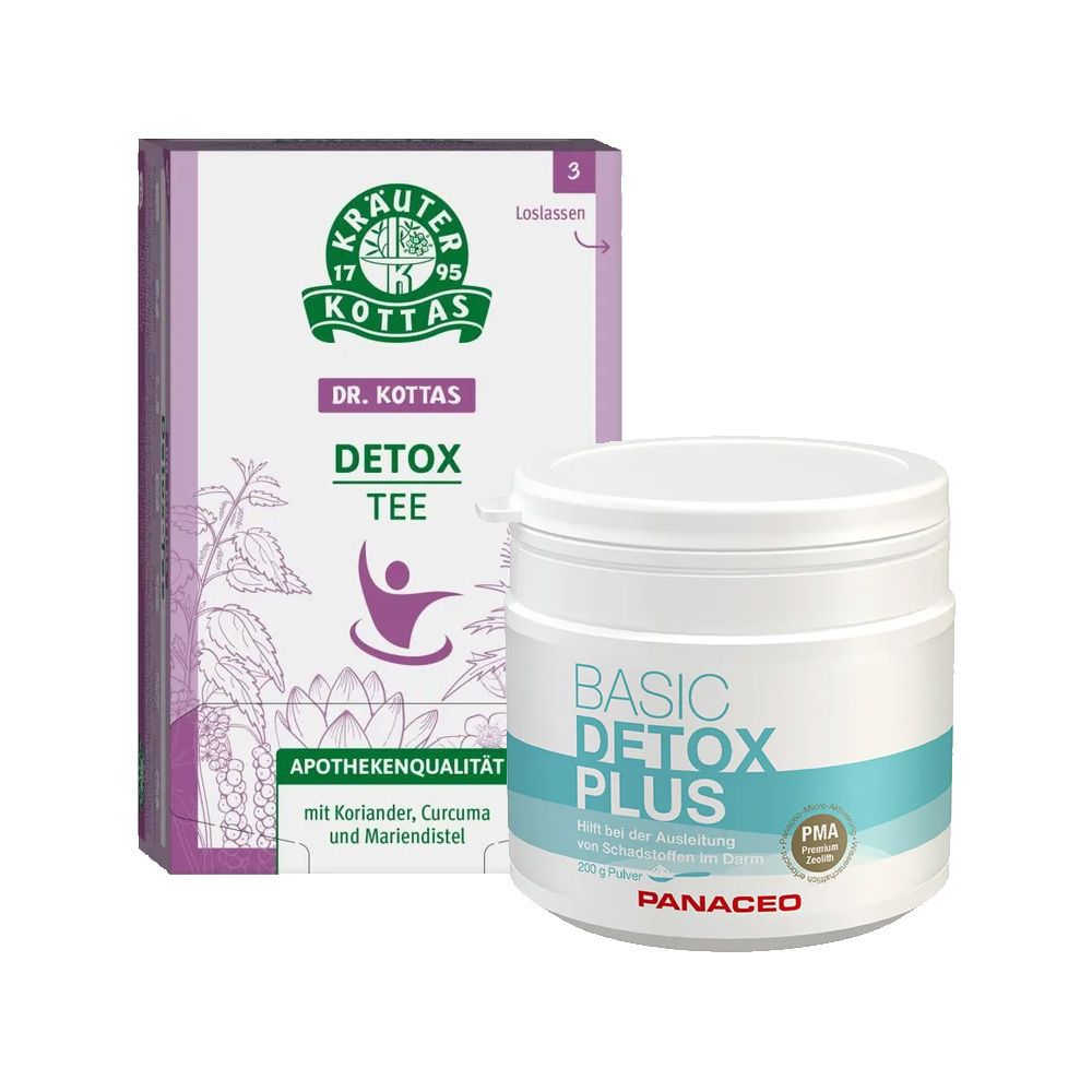 Produktverpackung von Dr. Kottas Detox Tee und Panaceo Basic Detox Plus. Beide Produkte sind nebeneinander platziert.