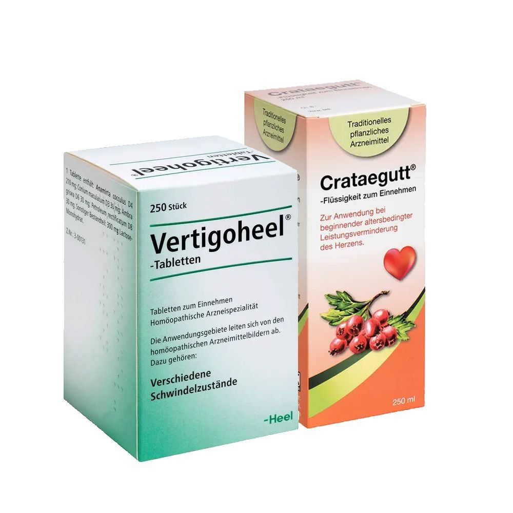Zwei Arzneimittelpackungen: Vertigoheel Tabletten und Crataegutt Flüssigkeit. Beide in Kartons mit Produktnamen und Text.