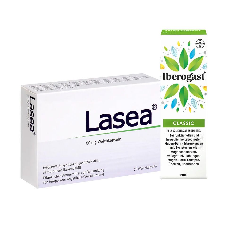 Weiße Schachtel mit „Lasea“ und „80 mg Weichkapseln“. Daneben Flasche „Iberogast CLASSIC“ mit grünen Blättern.