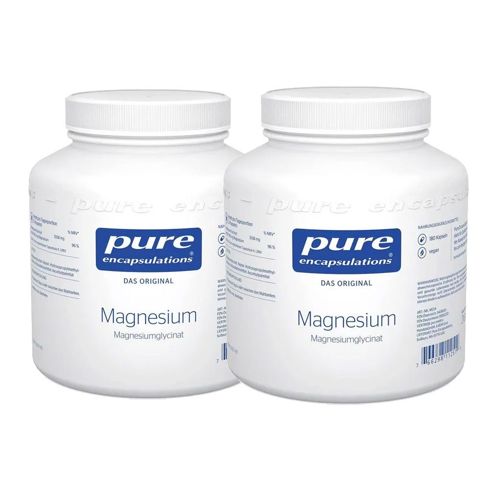 Zwei weiße Flaschen mit Schraubverschluss. Aufschrift: Pure Encapsulations Magnesium. Vegan-Siegel.