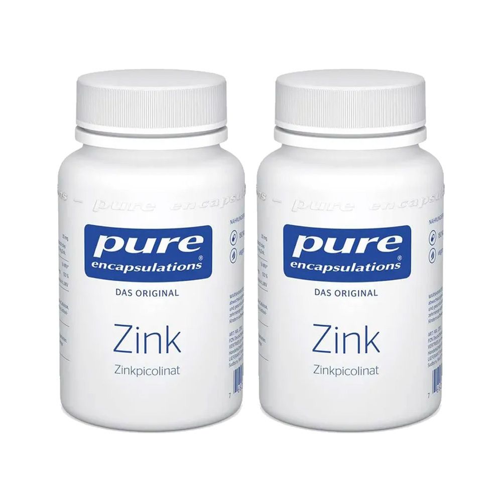 Zwei weiße Flaschen mit Schraubverschluss. Aufschrift: Pure Encapsulations, Zink Zinkpicolinat.
