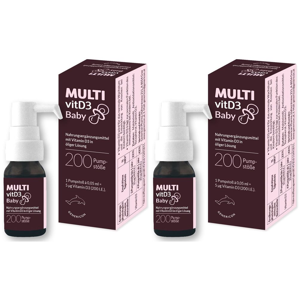 Zwei Flaschen und Verpackungen von MULTI vitD3 Baby. Braune Flaschen mit weißem Sprühkopf und rosa Verpackung.