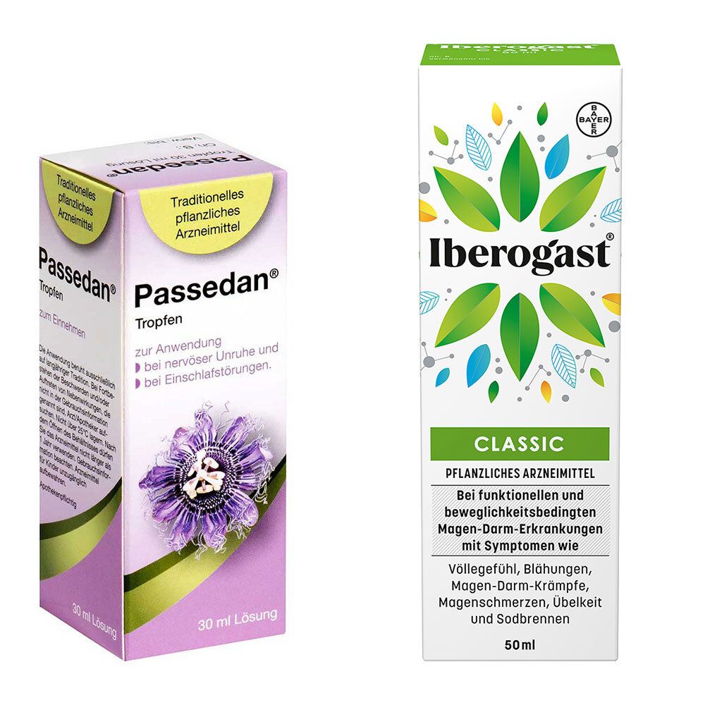 Zwei Medikamentenverpackungen. Links: Passedan Tropfen, lila-weiß. Rechts: Iberogast CLASSIC, weiß-grün, mit Bayer-Logo.