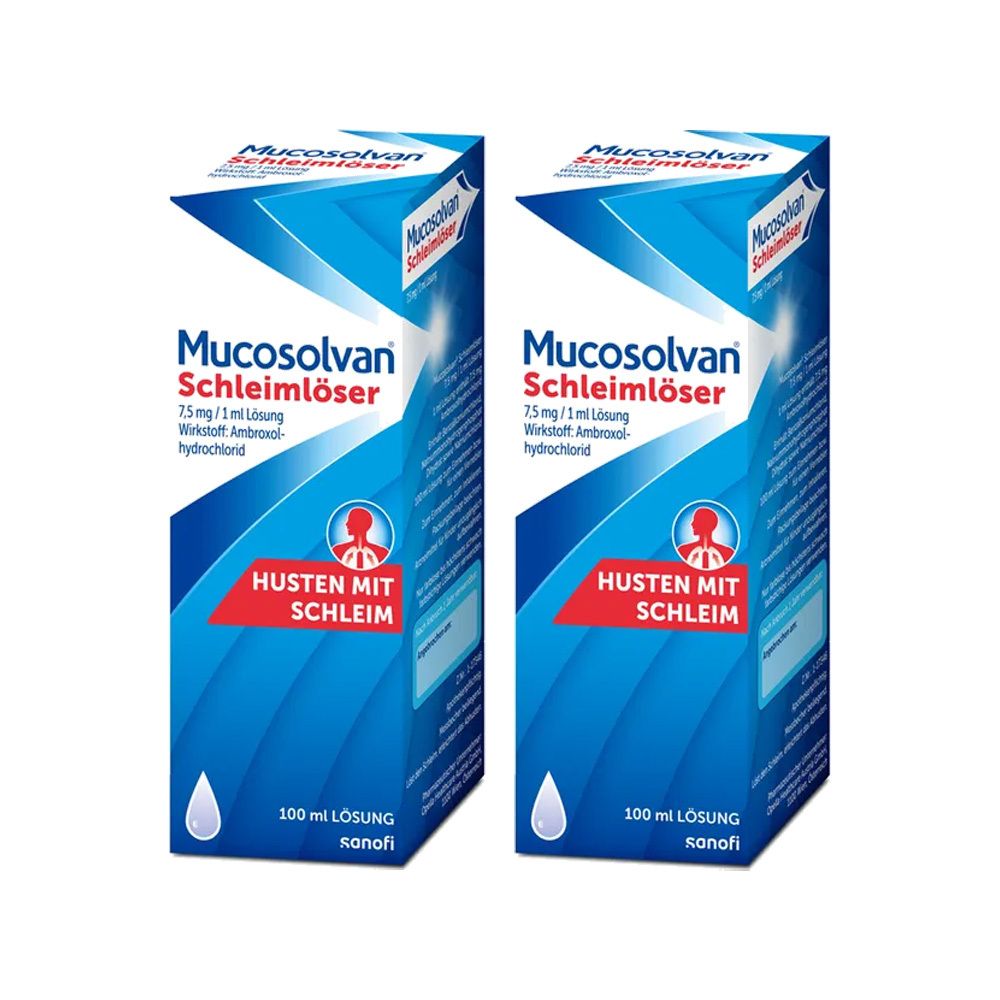 Zwei Schachteln MUCOSOLVAN® Hustenlösung. Blaue und weiße Verpackung mit Produktinformationen und Logo.