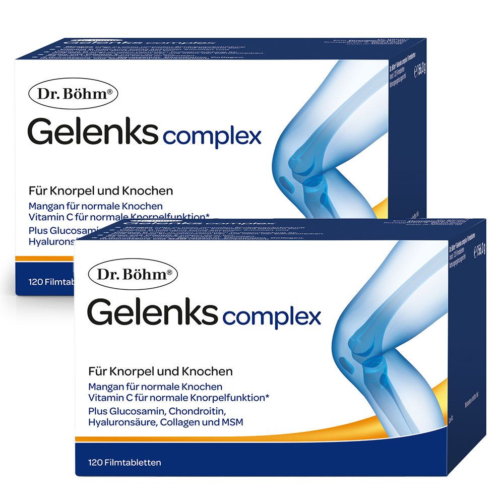 Zwei Schachteln Dr. Böhm Gelenks complex. Aufschrift: Für Knorpel und Knochen. Enthält 120 Filmtabletten. Abbildung eines Knies.
