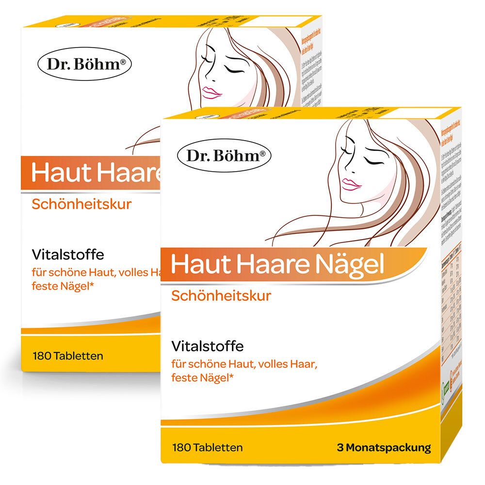 Zwei Schachteln Dr. Böhm Haut Haare Nägel. Aufdruck: Haut Haare Nägel, Schönheitskur, Vitalstoffe, 180 Tabletten, 3 Monatspackung.