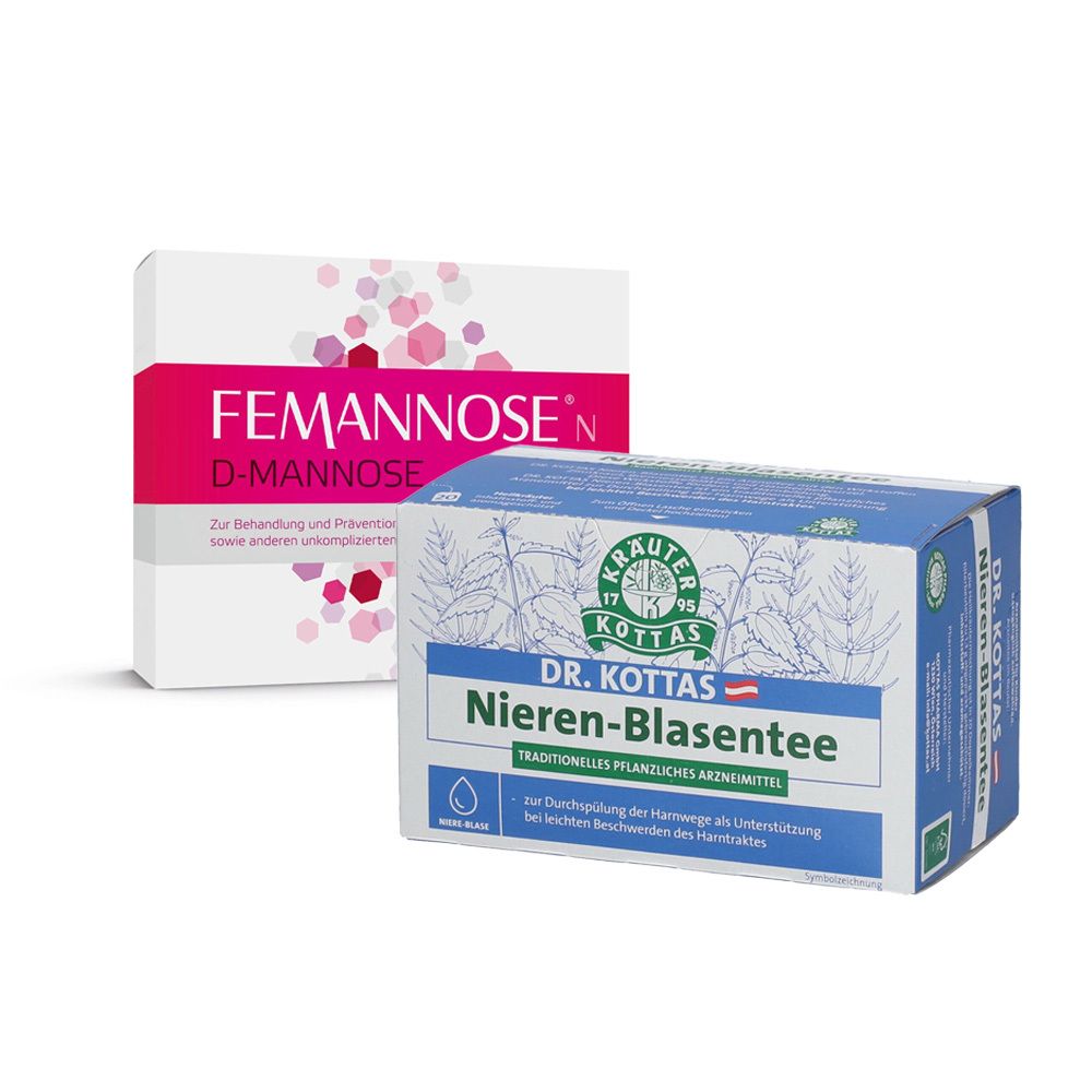 Zwei Produktverpackungen. FEMANNOSE N, weiß mit pinkfarbenem Streifen. Dr. Kottas Nieren-Blasentee, blau-weiß. Beide rechteckig.