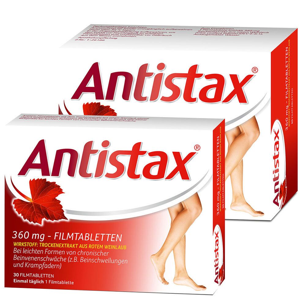 Zwei Packungen Antistax Filmtabletten. Aufdruck: Antistax, 360 mg, Beinvenenschwäche. Abbildung von Beinen.