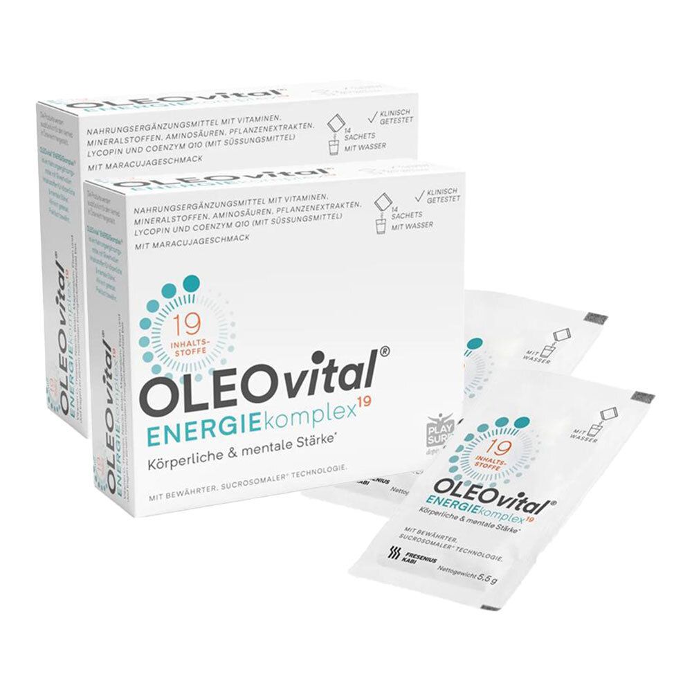 Verpackung von OLEOvital ENERGIEkomplex19. Enthält Sachets und Kartons. Aufdruck: 19 Inhaltsstoffe, körperliche & mentale Stärke.