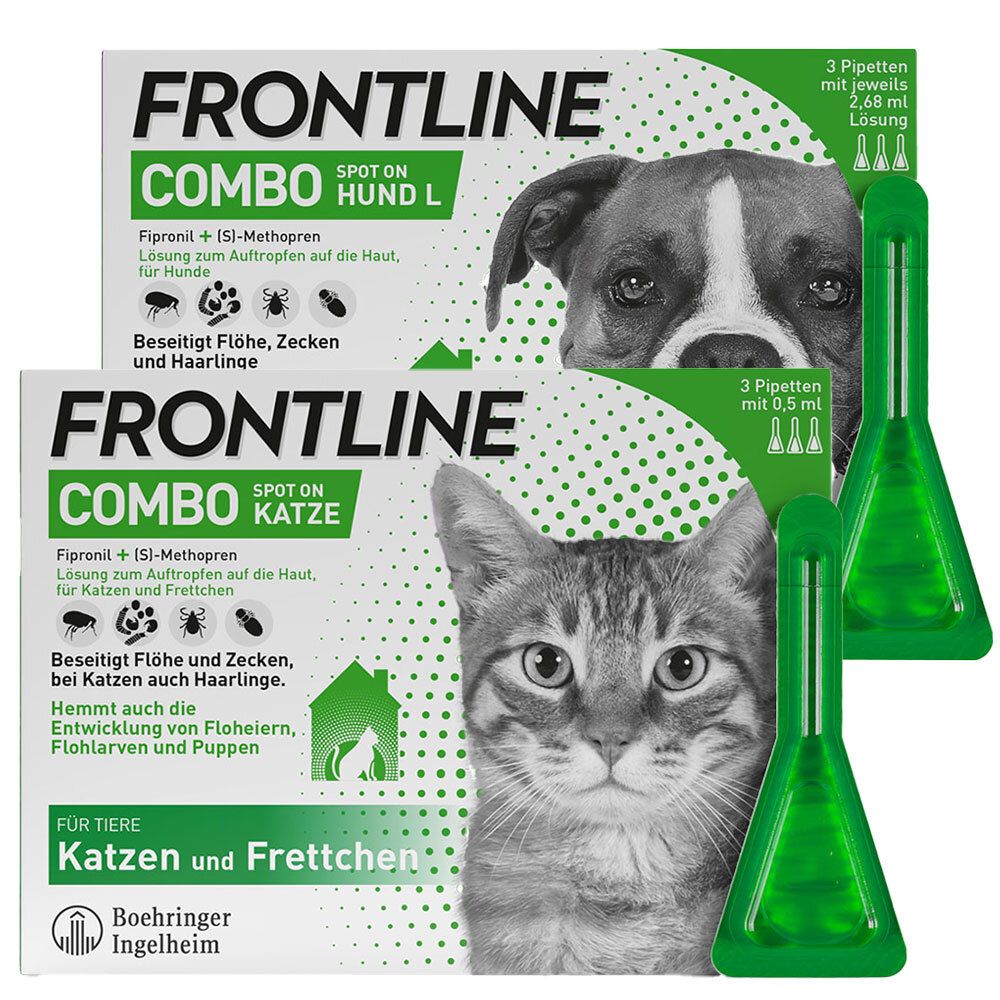 Verpackung von FRONTLINE COMBO. Enthält Pipetten für Hunde und Katzen. Text: "Beseitigt Flöhe, Zecken und Haarlinge".