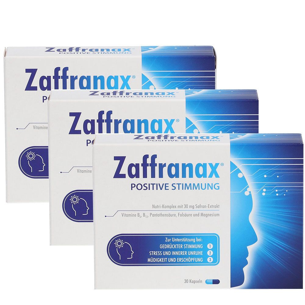 Mehrere Schachteln Zaffranax® Positive Stimmung. Weiße Verpackung mit blauem Logo und Produktinformationen. 30 Kapseln.