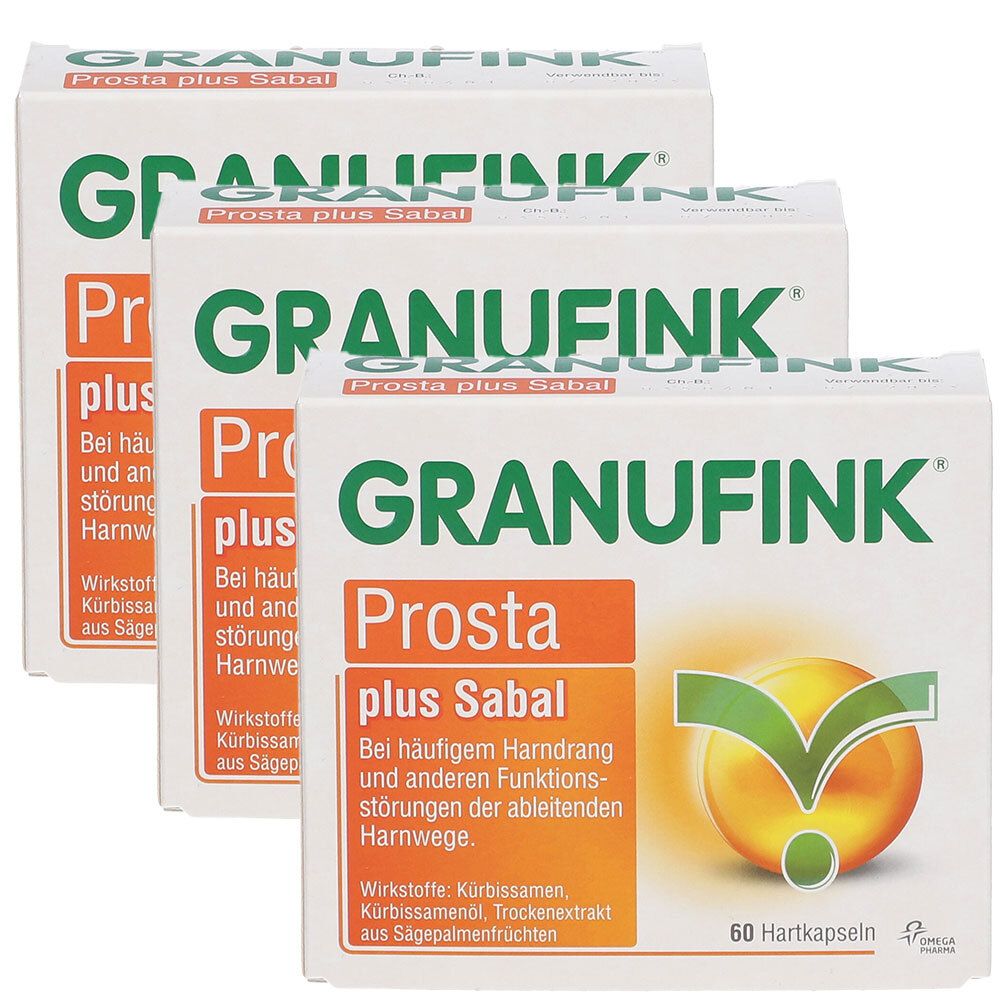 Drei Schachteln GRANUFINK Prosta plus Sabal. Weiße Verpackung mit grüner und orangefarbener Schrift. Aufschrift: 60 Hartkapseln.