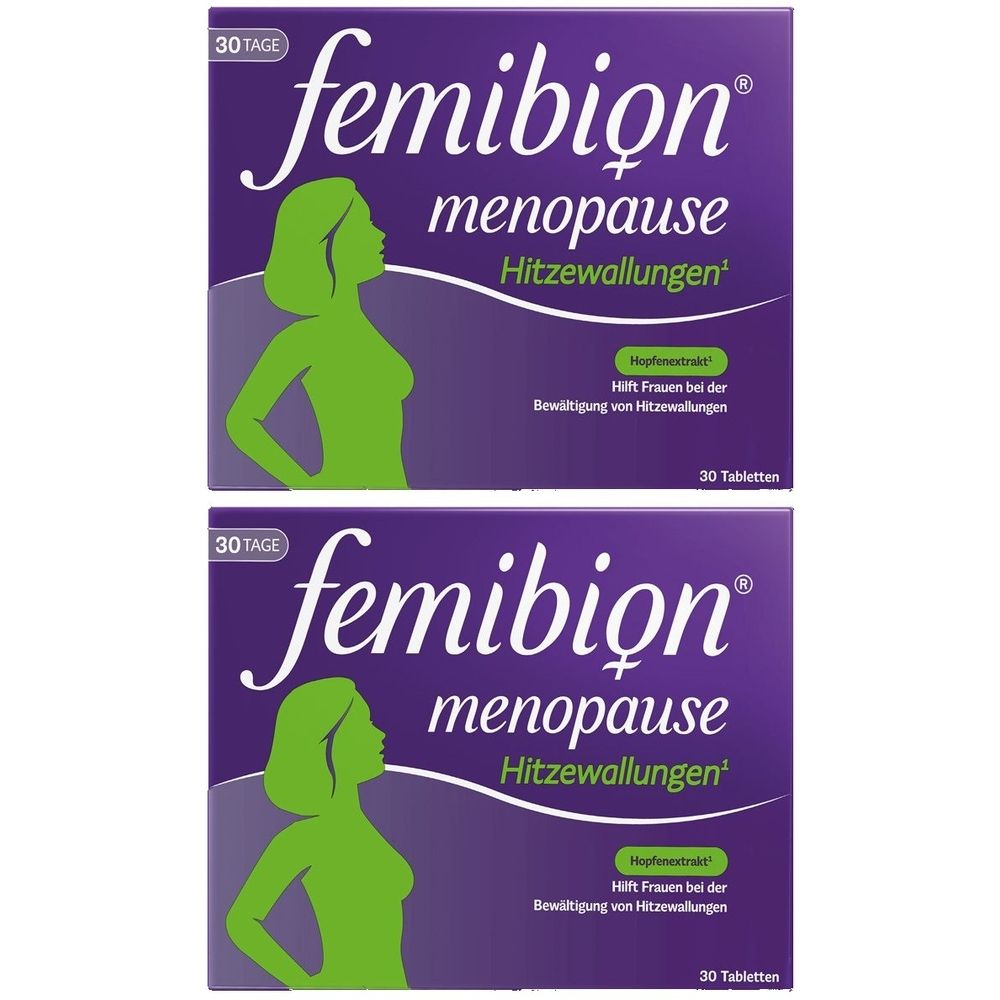 Zwei Packungen Femibion Menopause. Lila Verpackung mit grüner Frauenfigur. Text: Menopause, Hitzewallungen, 30 Tabletten.
