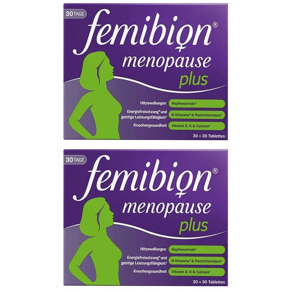 Zwei Packungen Femibion Menopause Plus. Lila Verpackung mit grüner Silhouette einer Frau. Enthält 30 Tabletten.