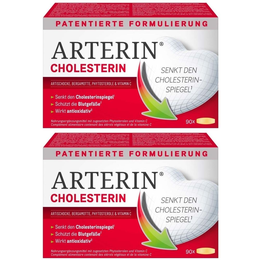 Zwei Packungen Arterin® Cholesterin. Rote Verpackung mit weißem Herz und grüner Pfeil-Grafik. Text: Arterin, Cholesterin, 90x.