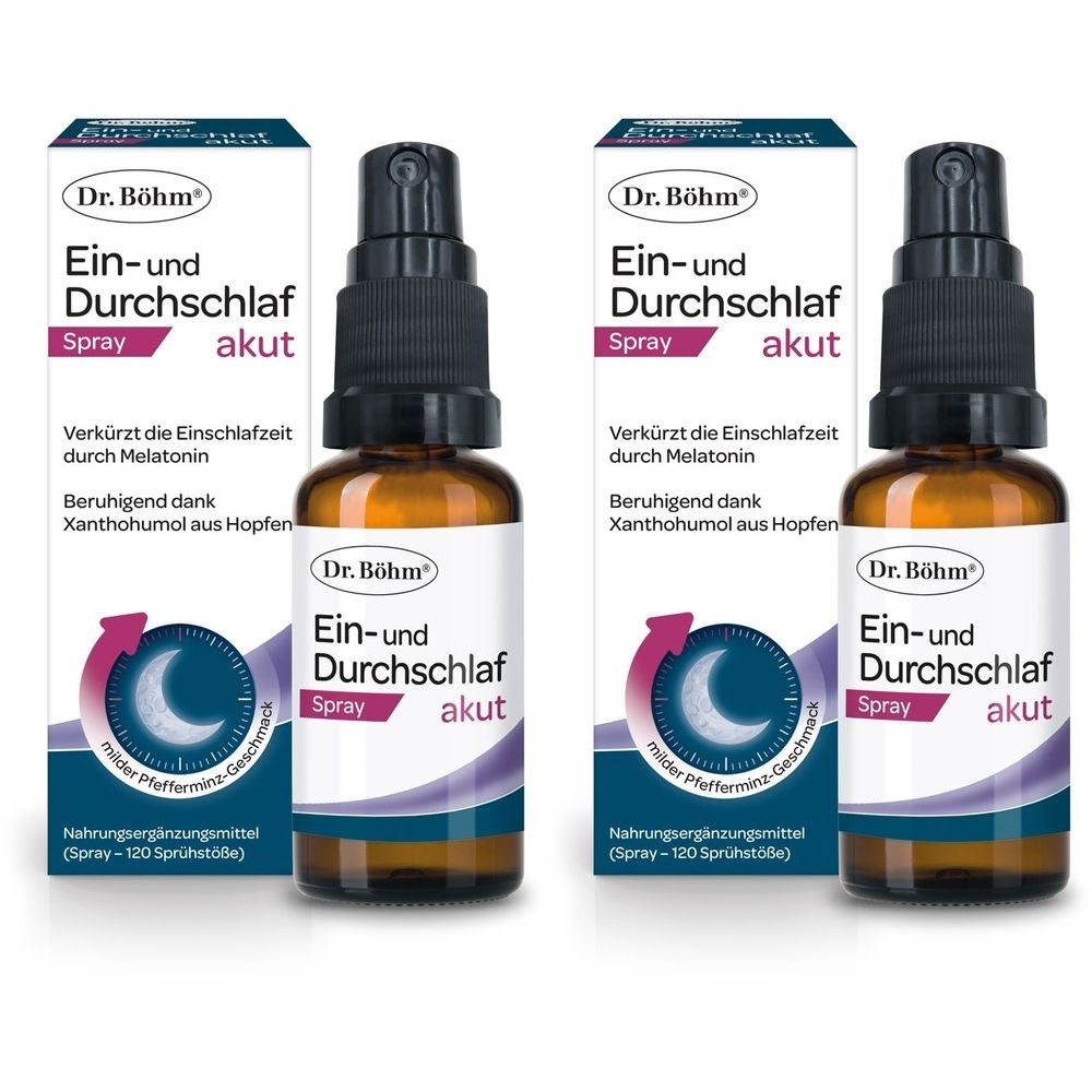 Zwei Flaschen Spray mit Verpackung. Aufschrift: Dr. Böhm, Ein- und Durchschlaf Spray akut. Enthält Melatonin und Hopfen.