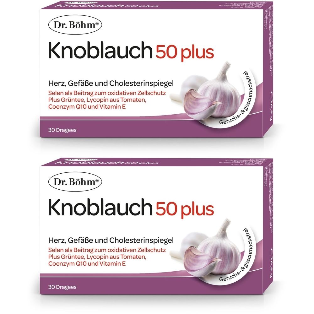 Zwei Packungen Dr. Böhm Knoblauch 50 plus. Aufschrift: Herz, Gefäße und Cholesterinspiegel. Abbildung einer Knoblauchzehe.