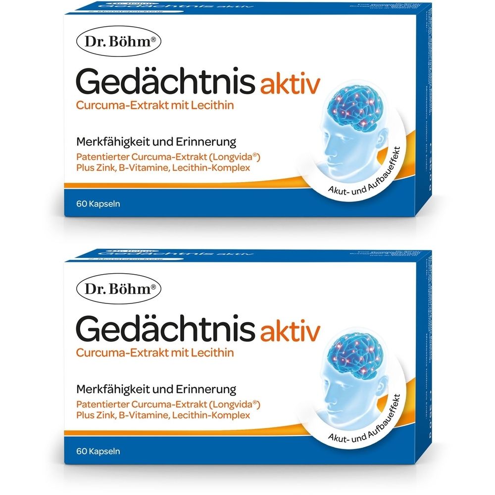 Zwei blaue Schachteln mit "Dr. Böhm Gedächtnis aktiv". Text: Curcuma-Extrakt, Merkfähigkeit, 60 Kapseln. Abbildung eines Gehirns.